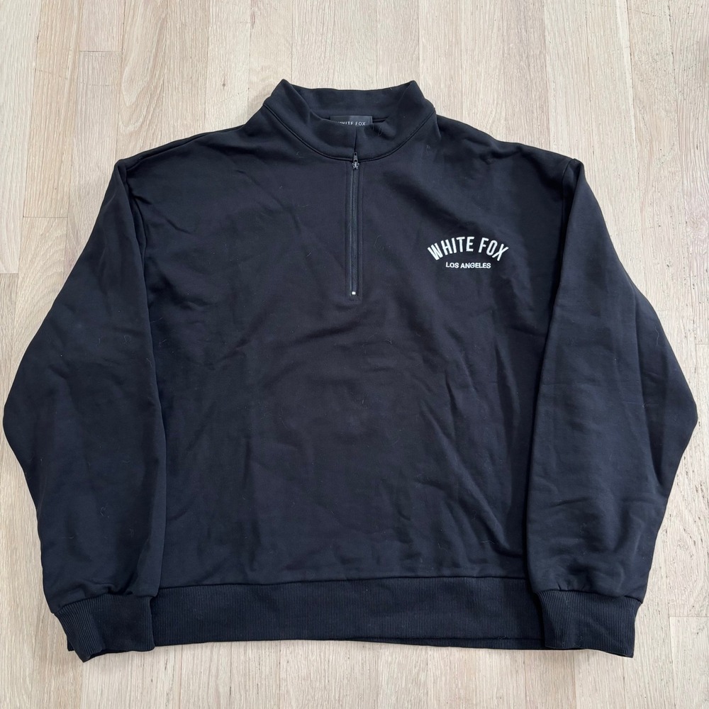 White Fox Quarter Zip Sweatshirt Women M/L Black Excellent Logo Pullover